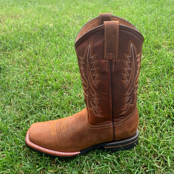 Men’s Western Rodeo Cowboy square toe Genuine cowhide Leather boots Tan 387 - Picture 6 of 8